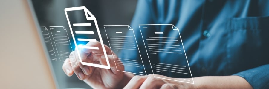 Illustration of a digital document management system, representing the transition from Laserfiche to SharePoint. Highlights modern, secure, and efficient file storage and compliance workflows tailored to RIAs