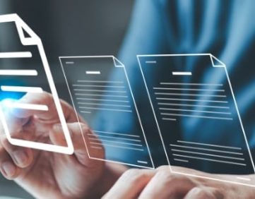Illustration of a digital document management system, representing the transition from Laserfiche to SharePoint. Highlights modern, secure, and efficient file storage and compliance workflows tailored to RIAs